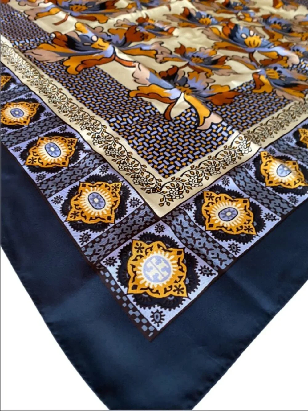 Tory Burch 35” Silk Square Scarf Floral Print Navy Orange Blue Design Tiger Lily